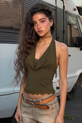 Lace Panel Cowl Neck Halter Fitted Crop Top