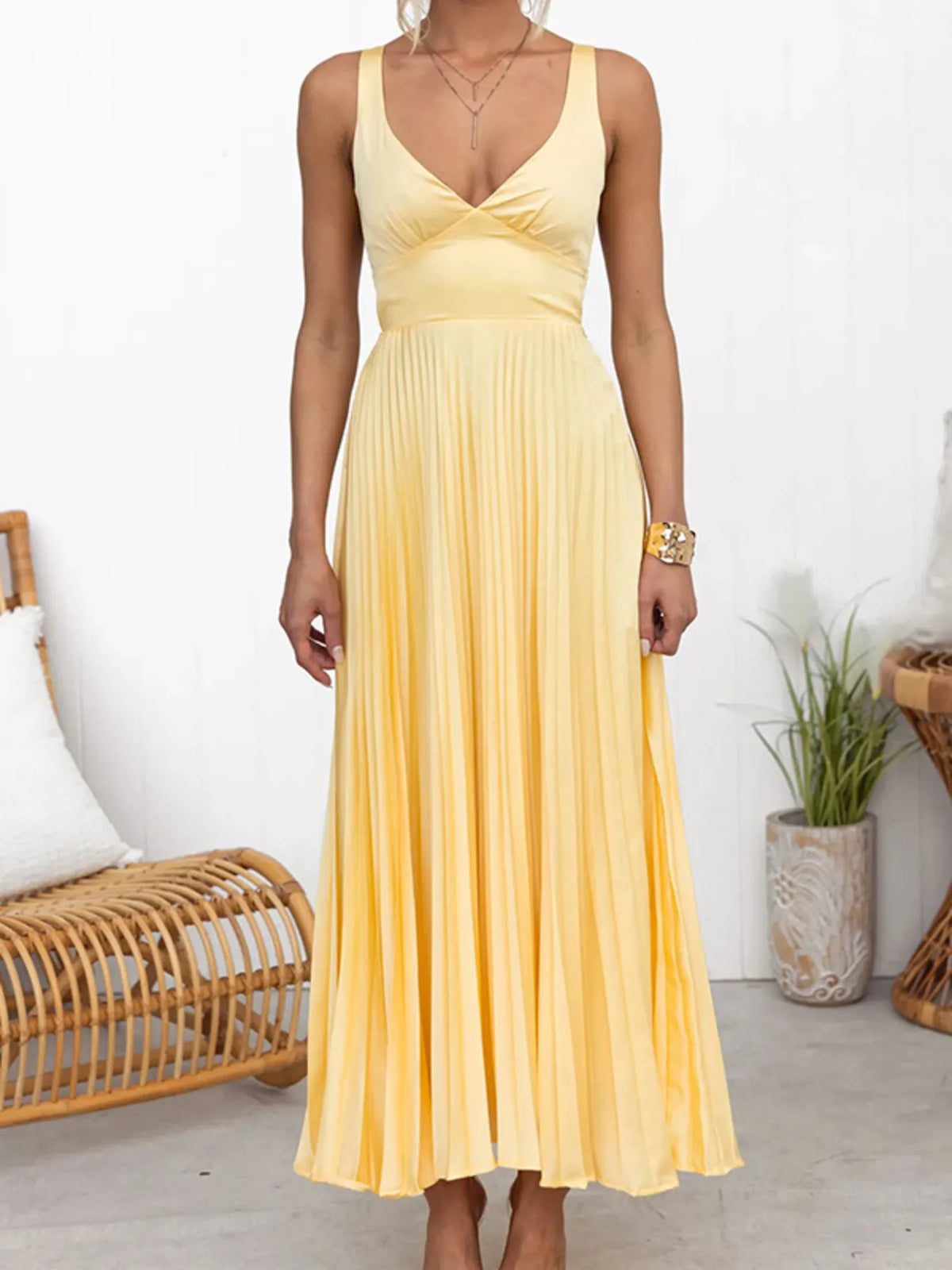 Satin V-Neck Sleeveless Empire Waist Pleated Maxi Dress 2