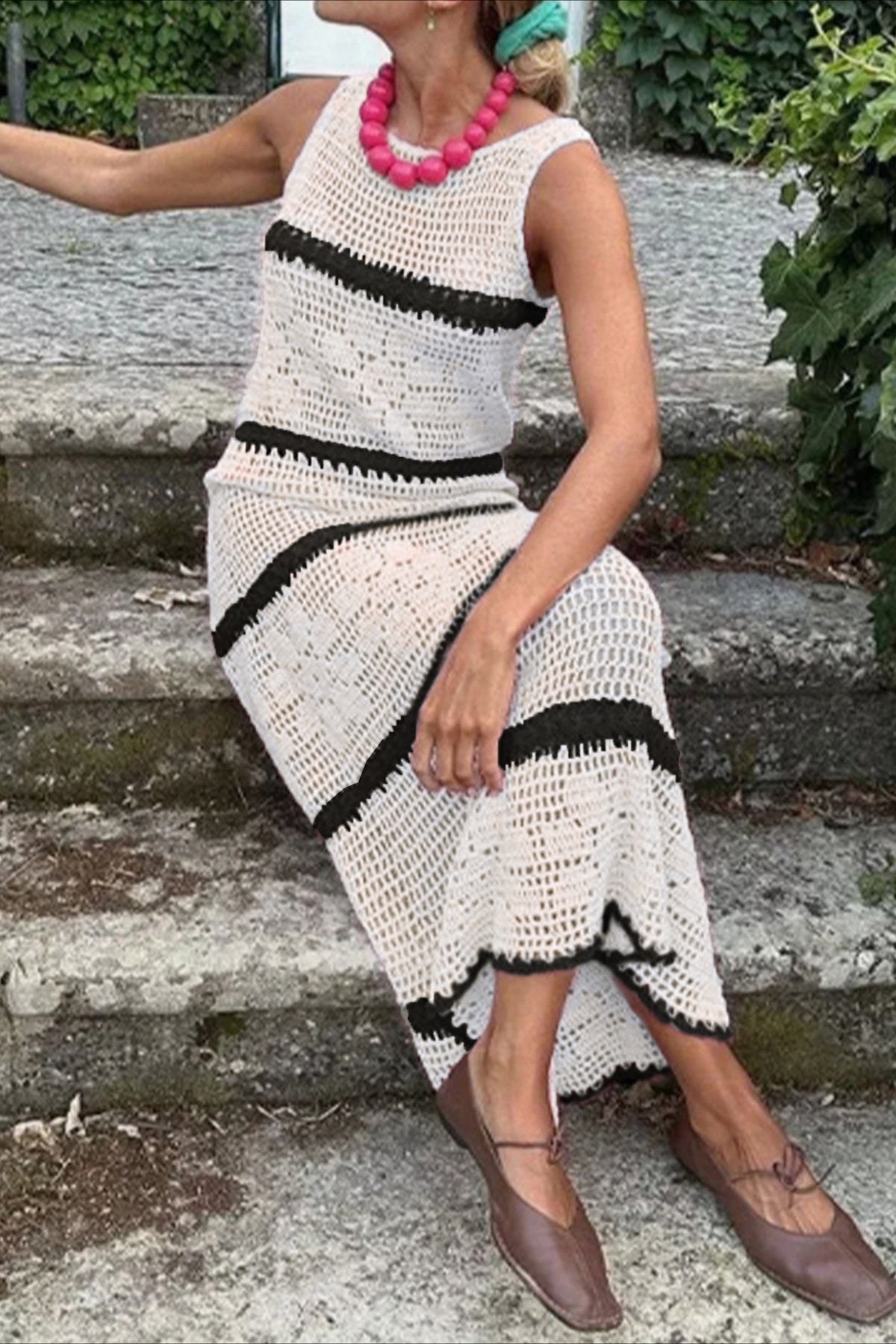 Hollow Knit Contrast Tank Sweater Dress