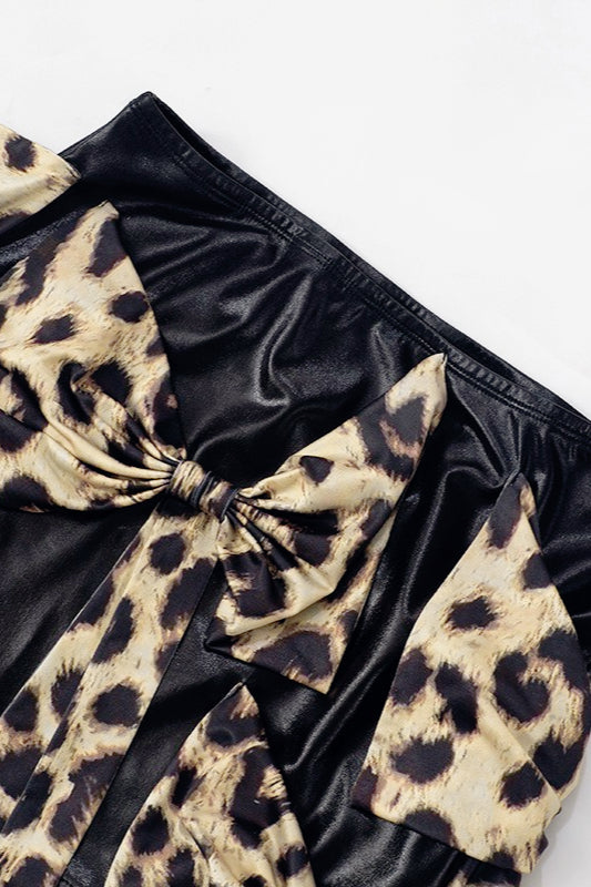 Faux Leather Leopard Print Tie Bow Front Mini Skirt 4