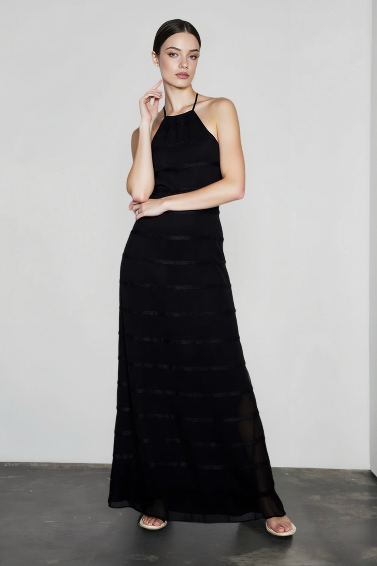 Halter Neck Sleeveless Shirred Tiered Column Maxi Dress 4
