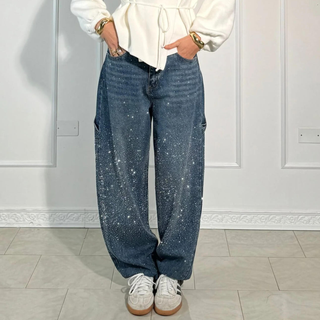 Star Rhinestone High Waist Wide Leg Jeans