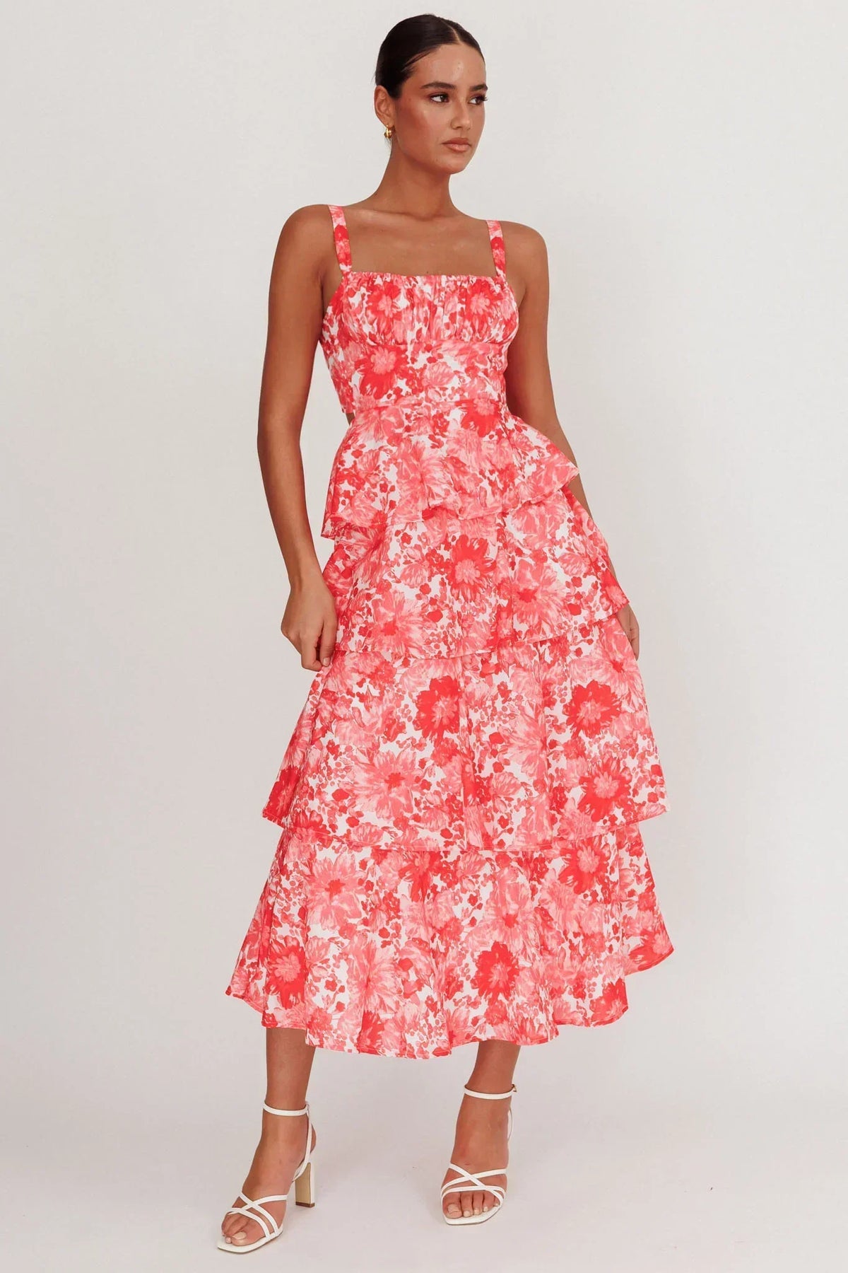 Provence Bloom Tiered Floral Maxi Dress Pink