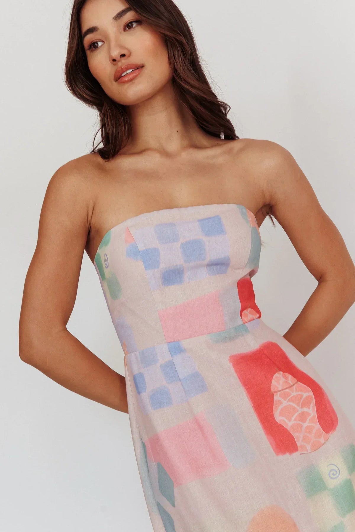 Abstract Print Strapless Straight Neck Column Maxi Dress 6