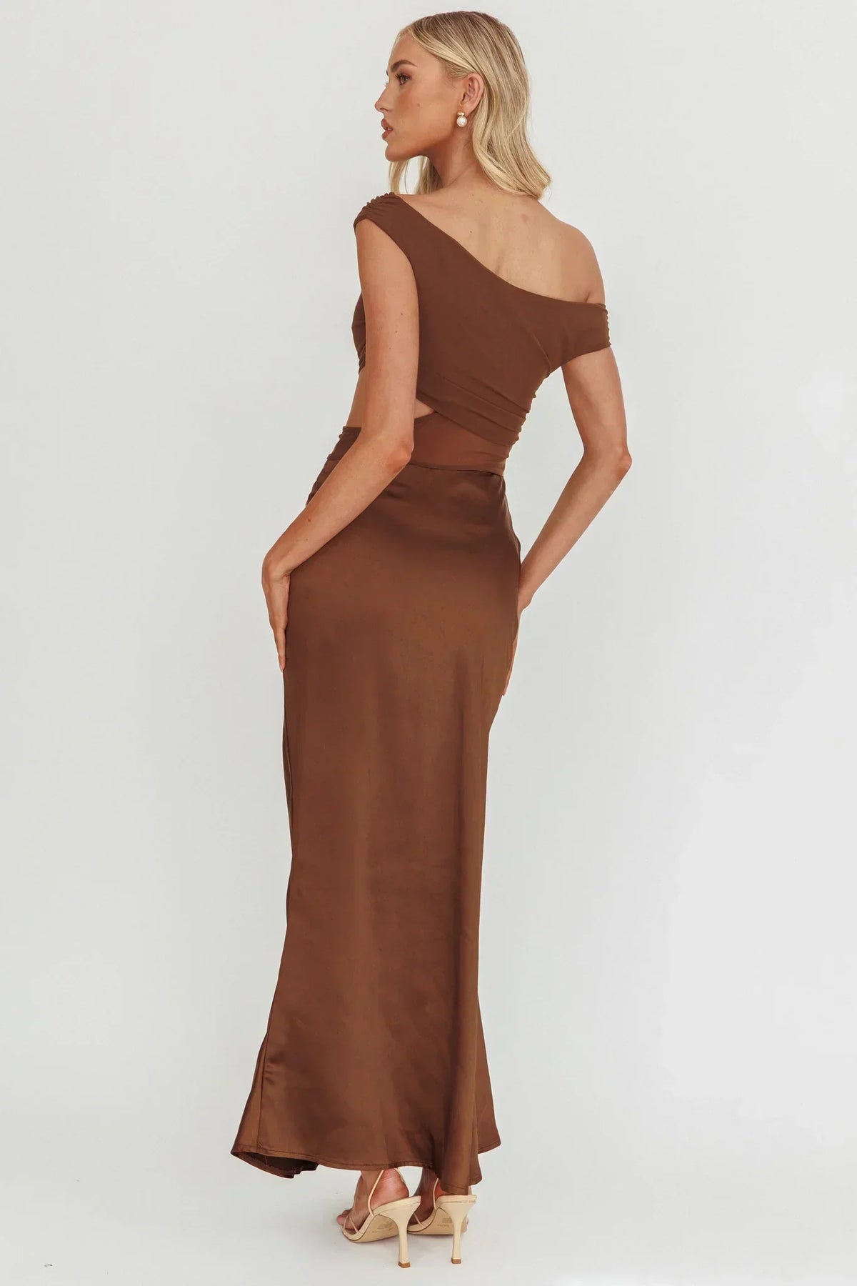 Off Shoulder Ruched Mesh Bodice Side Cut Out Satin Maxi Dress 2