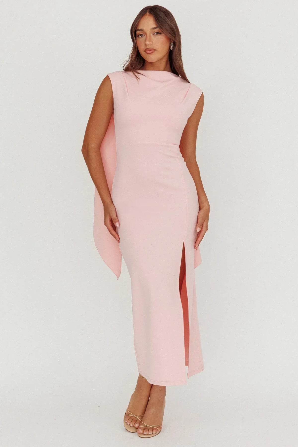 Cowl Neck Sleeveless Shoulder Sash High Split Midi Dress 4