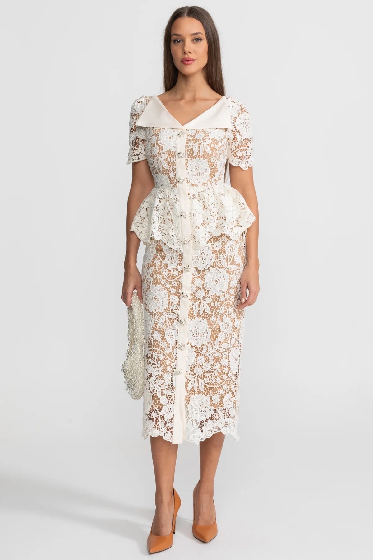 Floral Lace V-Neck Satin Collar Short Sleeve Peplum Button Front Midi Dress 2