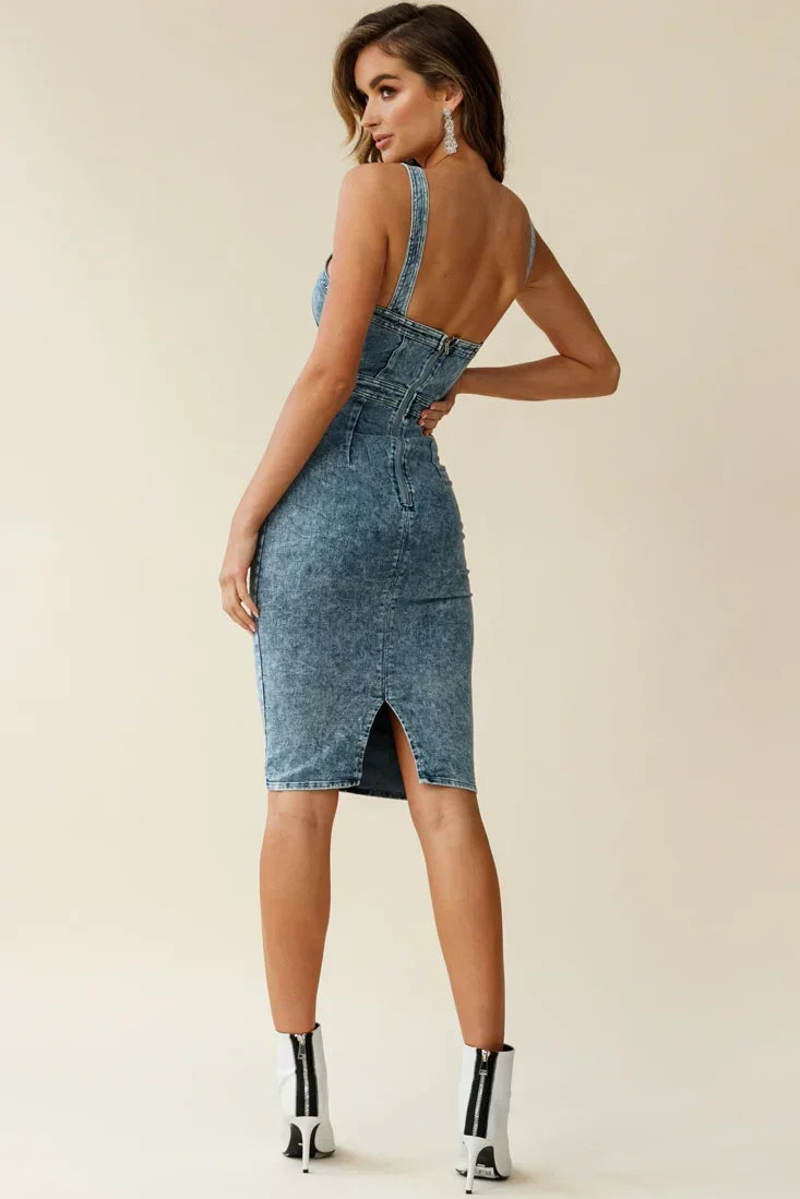 Acid Wash Denim-Look Square Neck Seamed Bodycon Midi Dress 3