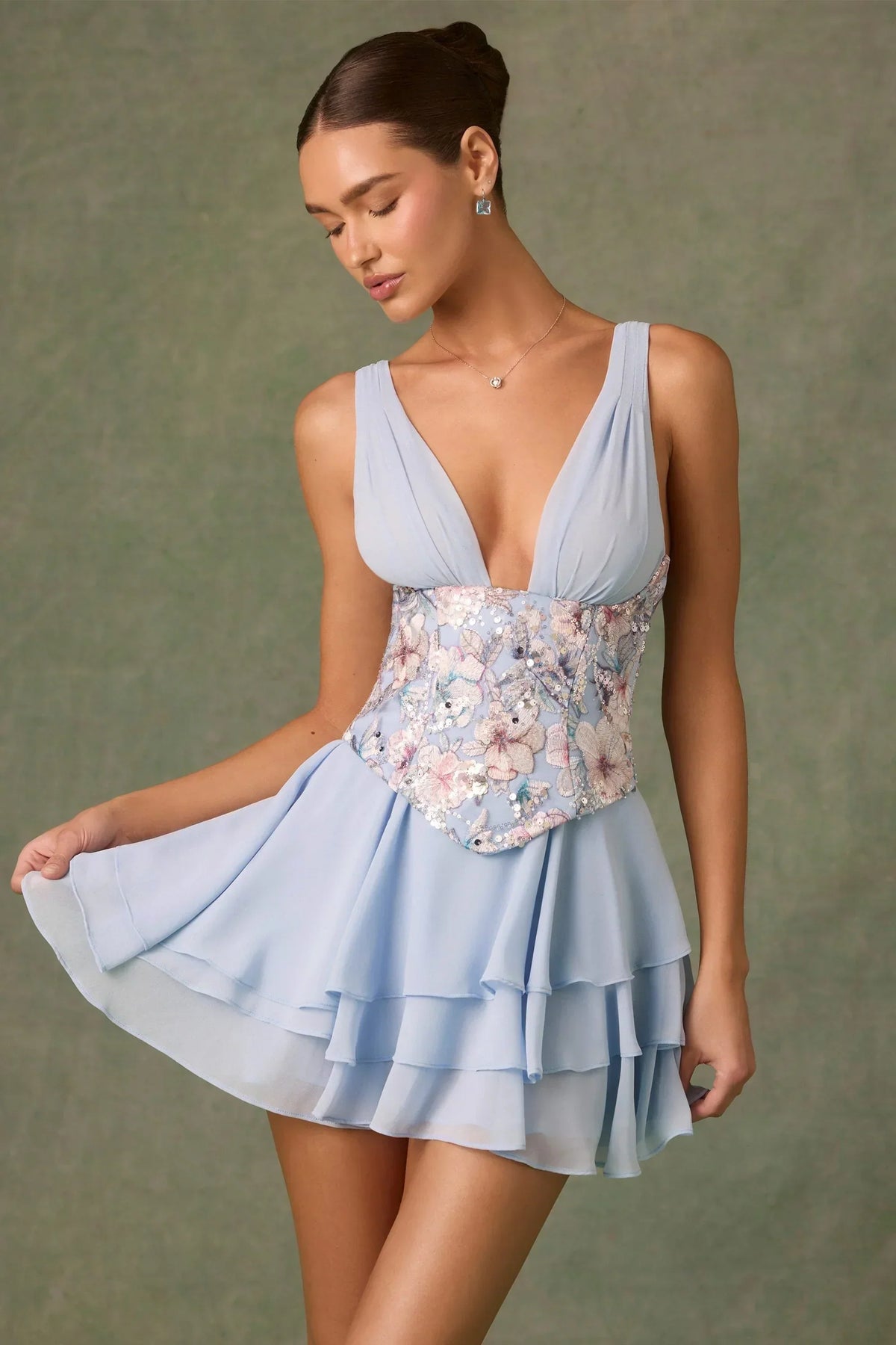 Floral Embroidered Corset Waist Deep V-Neck Tiered Ruffle Mini Dress 14