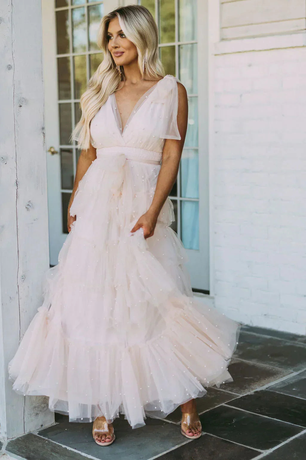 Pearl Embellished Tulle V-Neck Flutter Sleeve Ruffle Tiered Maxi Dress 2
