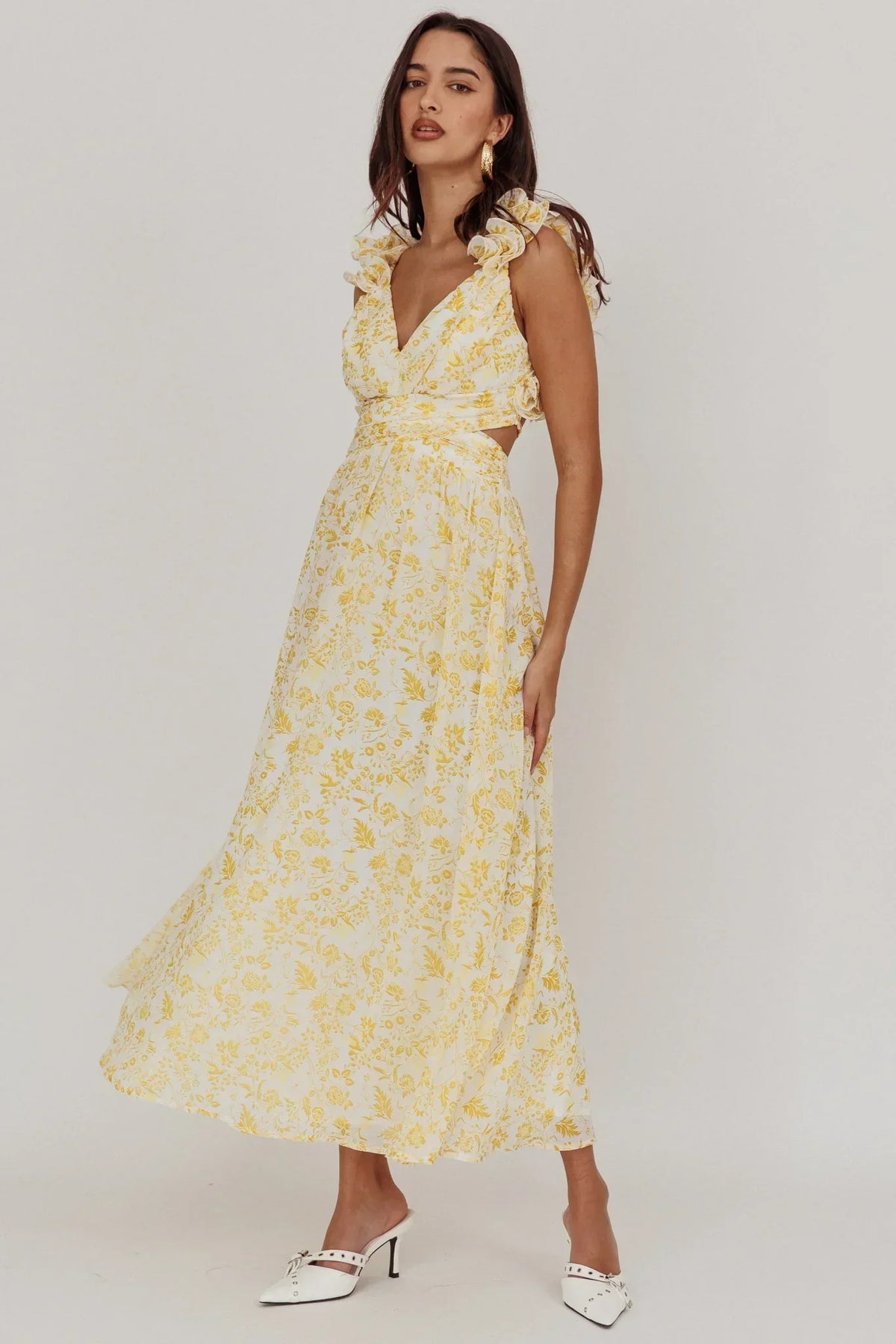 Floral Print V-Neck Ruffle Strap Side Cut Out Maxi Dress 5