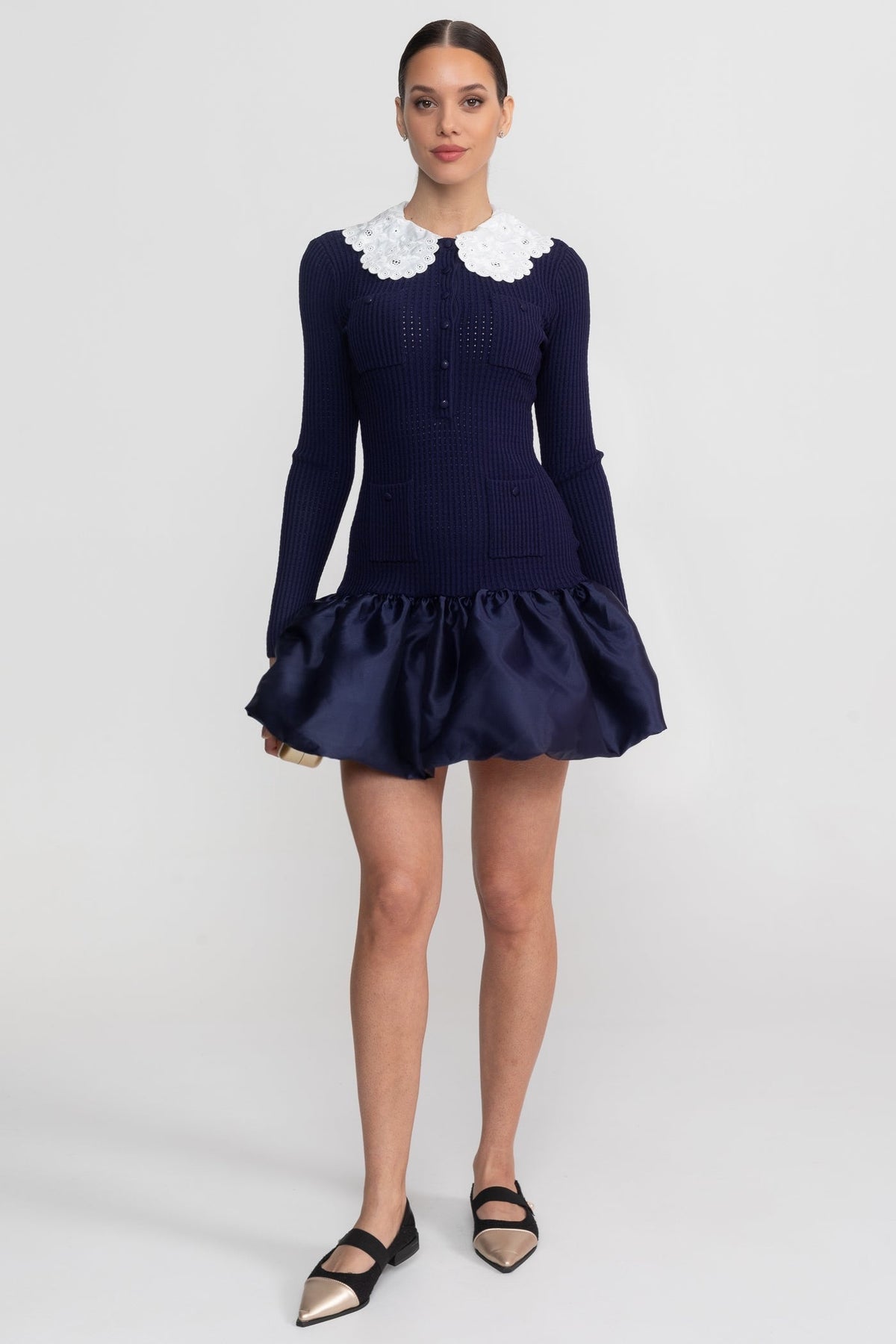 Lace Collar Long Sleeve Ribbed Knit Bubble Hem Mini Dress