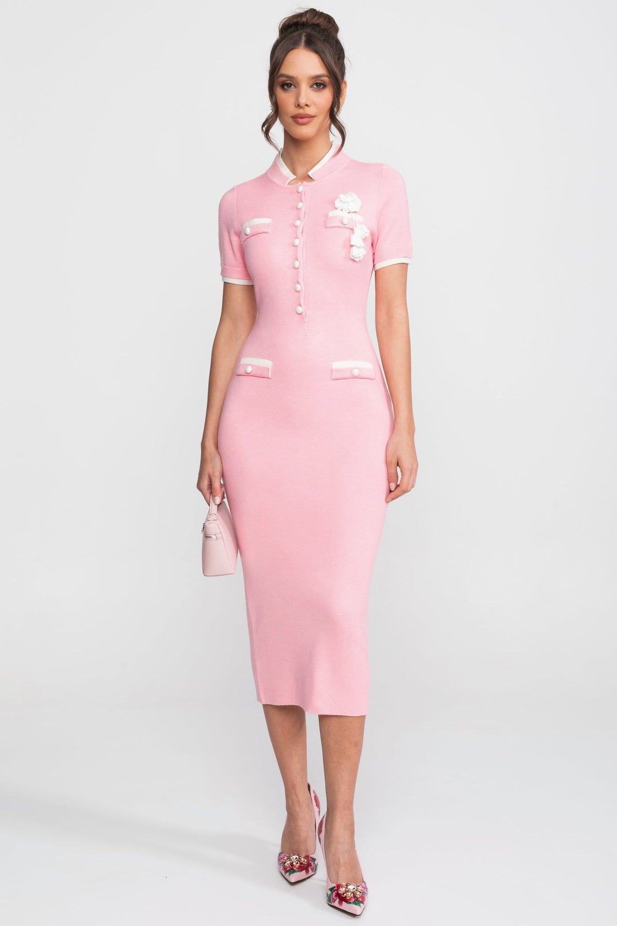Short Sleeve Button Front Contrast Trim Flower Applique Knit Bodycon Midi Dress