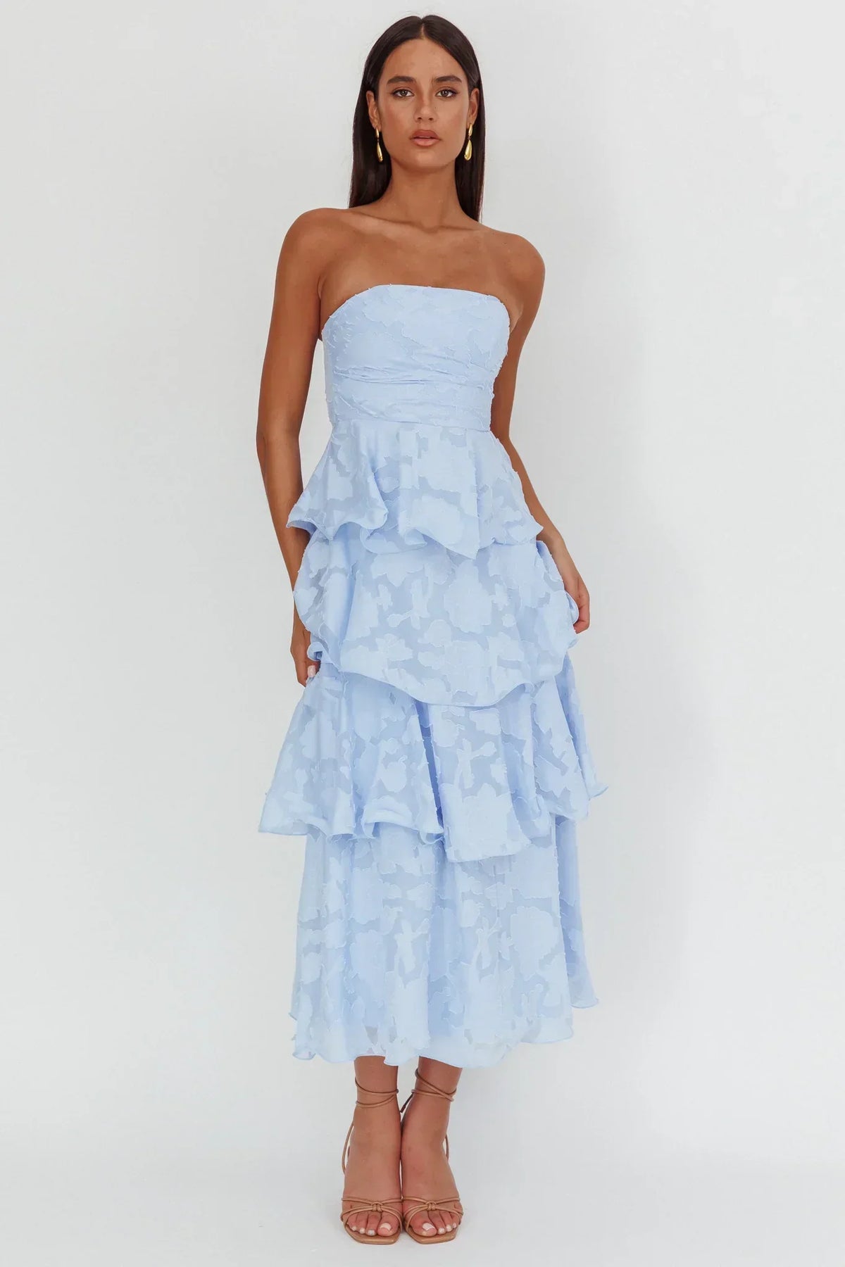 Floral Burnout Strapless Ruched Bodice Tiered Ruffle Midi Dress