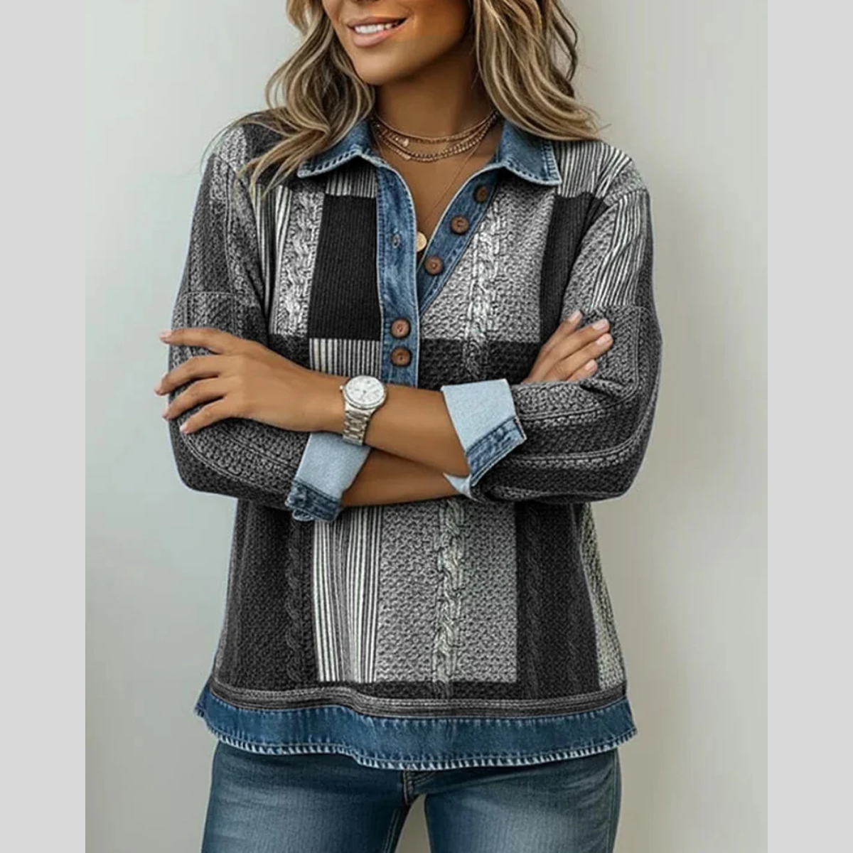 Patchwork Plaid Collared Quarter Button Long Sleeve Knit Pullover