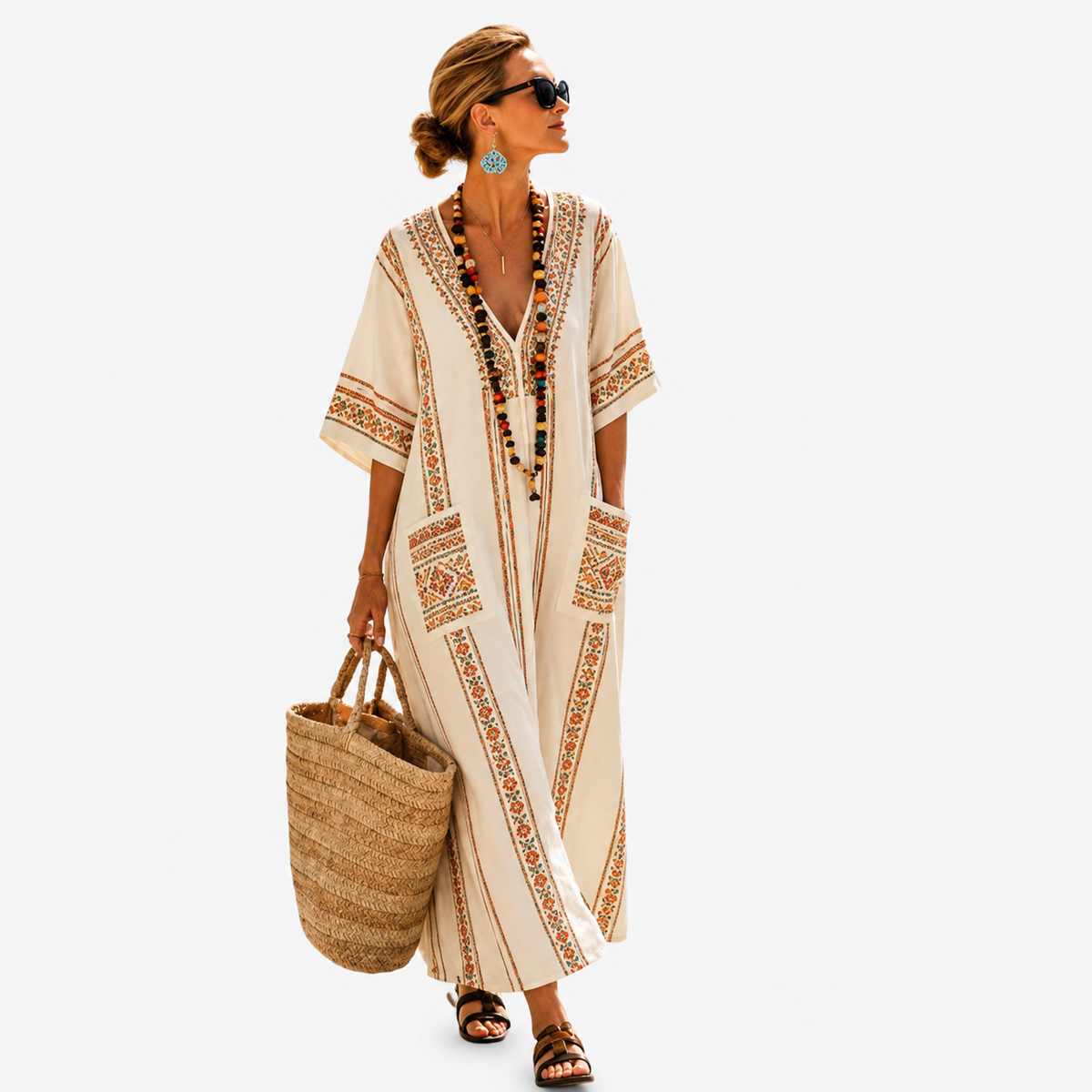 Embroidered Trim V-Neck Short Sleeve Boho Kaftan Maxi Dress