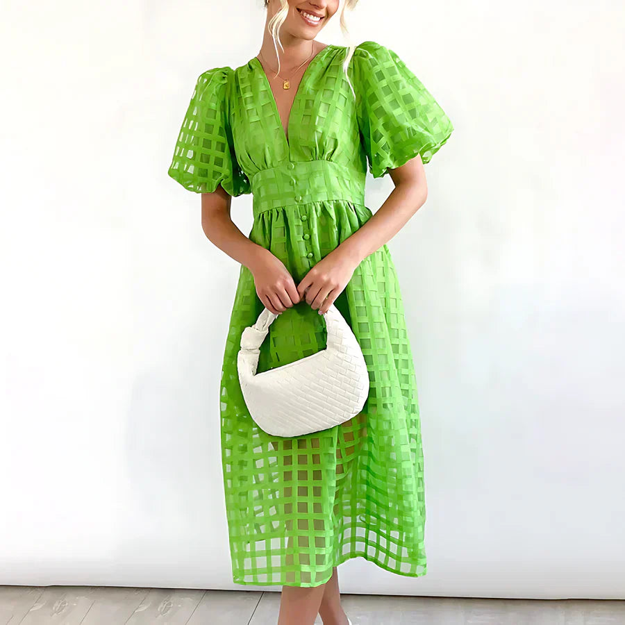 Cindy - Classic Patterned Puff Sleeve Midi Dress Green