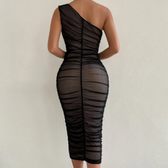 Mesh One Shoulder Ruched Bodycon Midi Dress 11