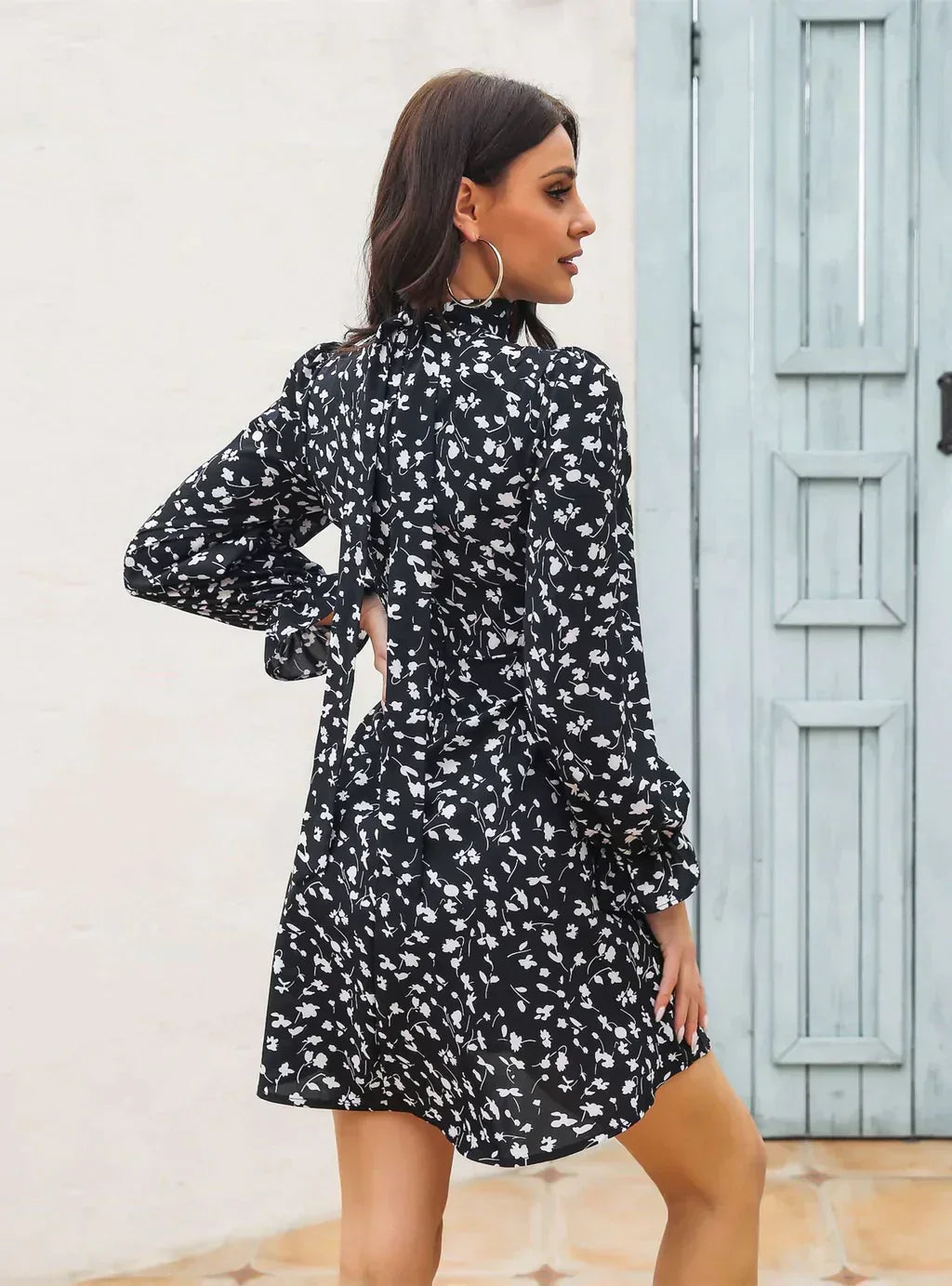 Floral Print V-Neck Choker Ruched Drawstring Flounce Sleeve Mini Dress 7