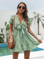 Deep V-Neck Flounces Chiffon Flowered Top L / Blue Dresses