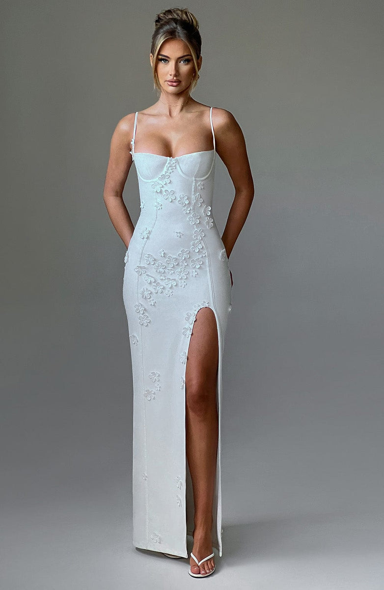 3D Floral Applique Bustier Spaghetti Strap High Split Maxi Dress 9