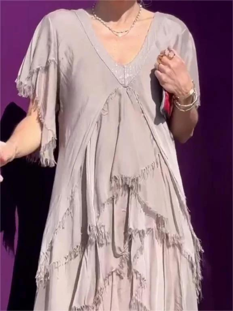V-Neck Flutter Sleeve Tiered Ruffle Maxi Dress