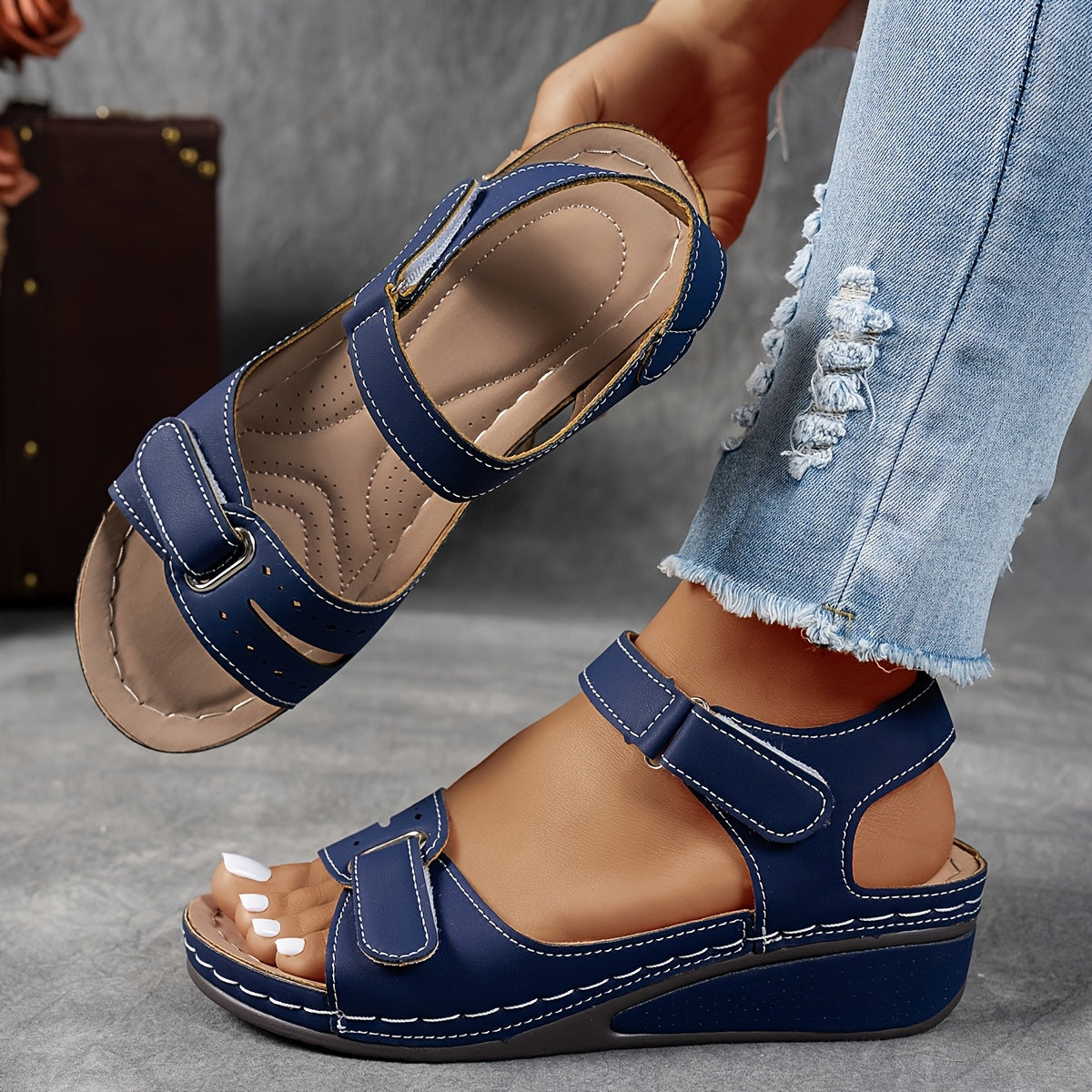 Open Toe Hook and Loop Strap Wedge Sandals