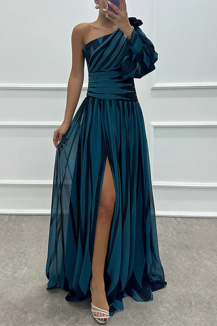 Shiloh - Elegant Striped One Shoulder Maxi Dress Navy Blue