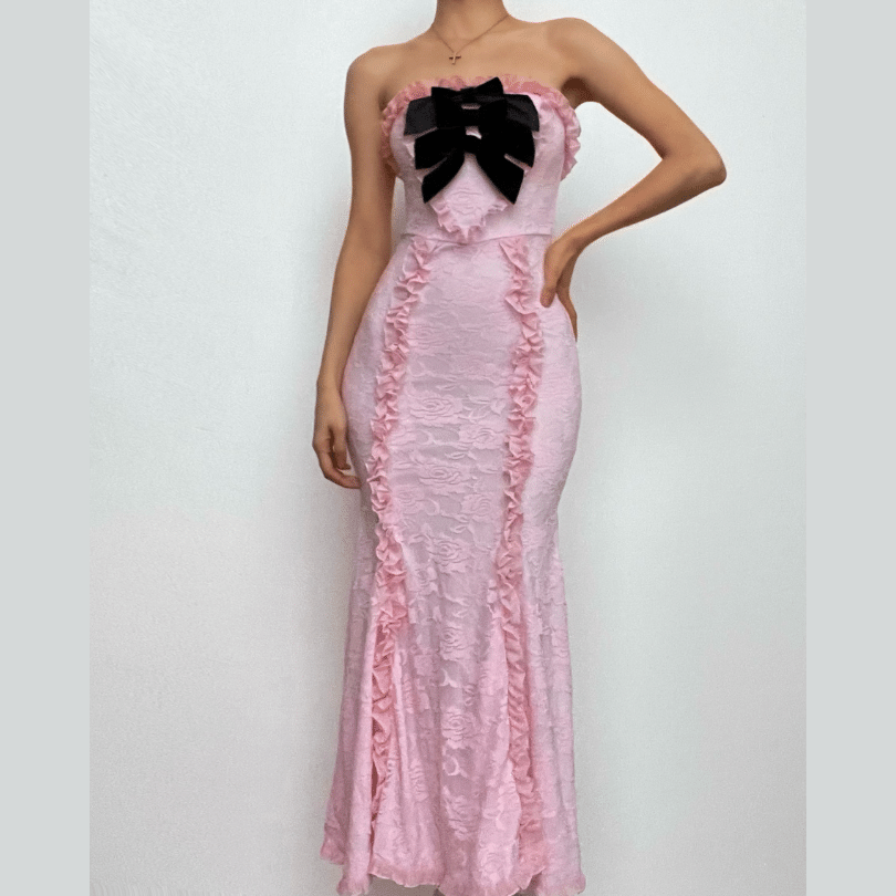 Lace Strapless Contrast Bow Ruffle Trim Mermaid Tube Maxi Dress