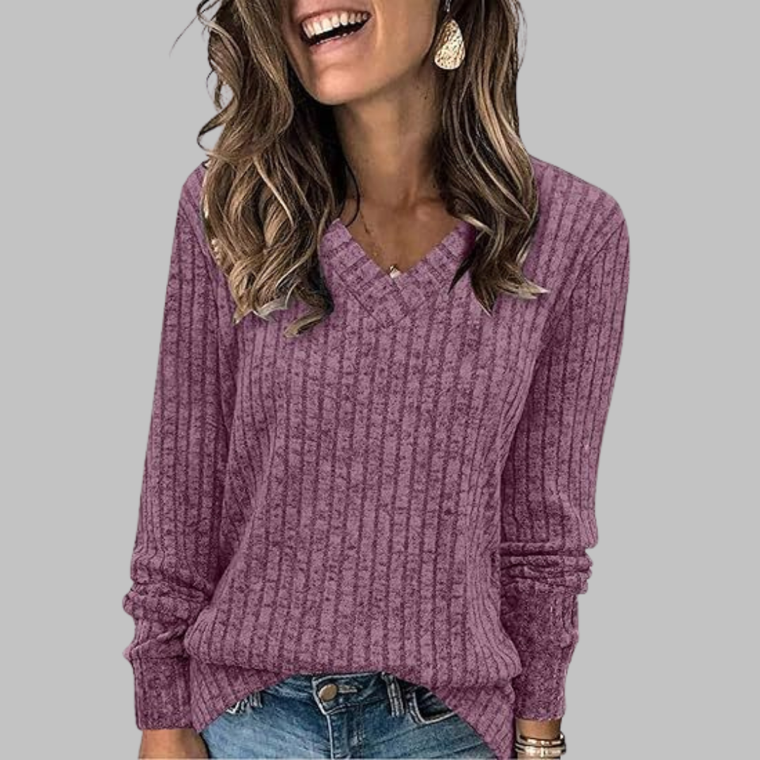 V-Neck Long Sleeve Ribbed Knit Sweater