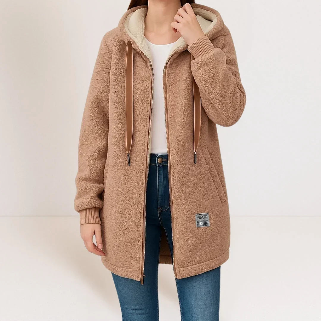 Hooded Zip Front Sherpa Fleece Longline Jacket