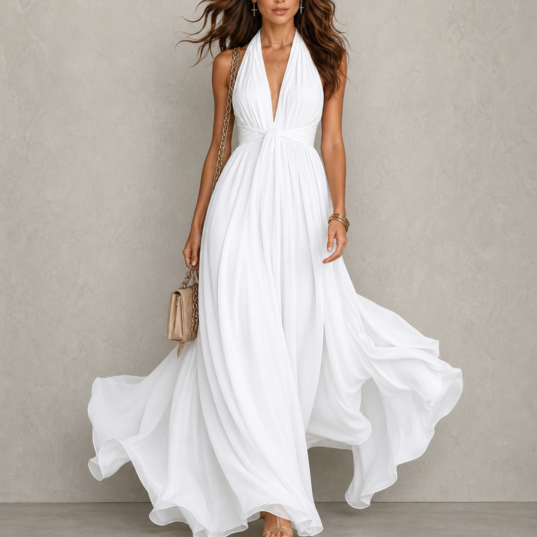 Halter Neck Deep V-Neck Twist Front Flowy Maxi Dress