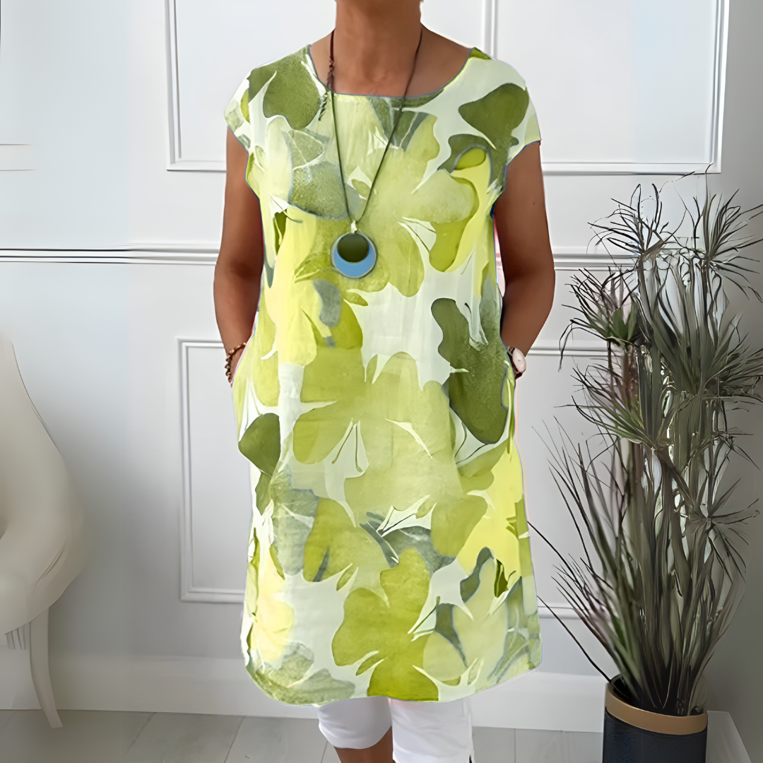 Watercolor Floral Round Neck Short Sleeve Tunic Dress