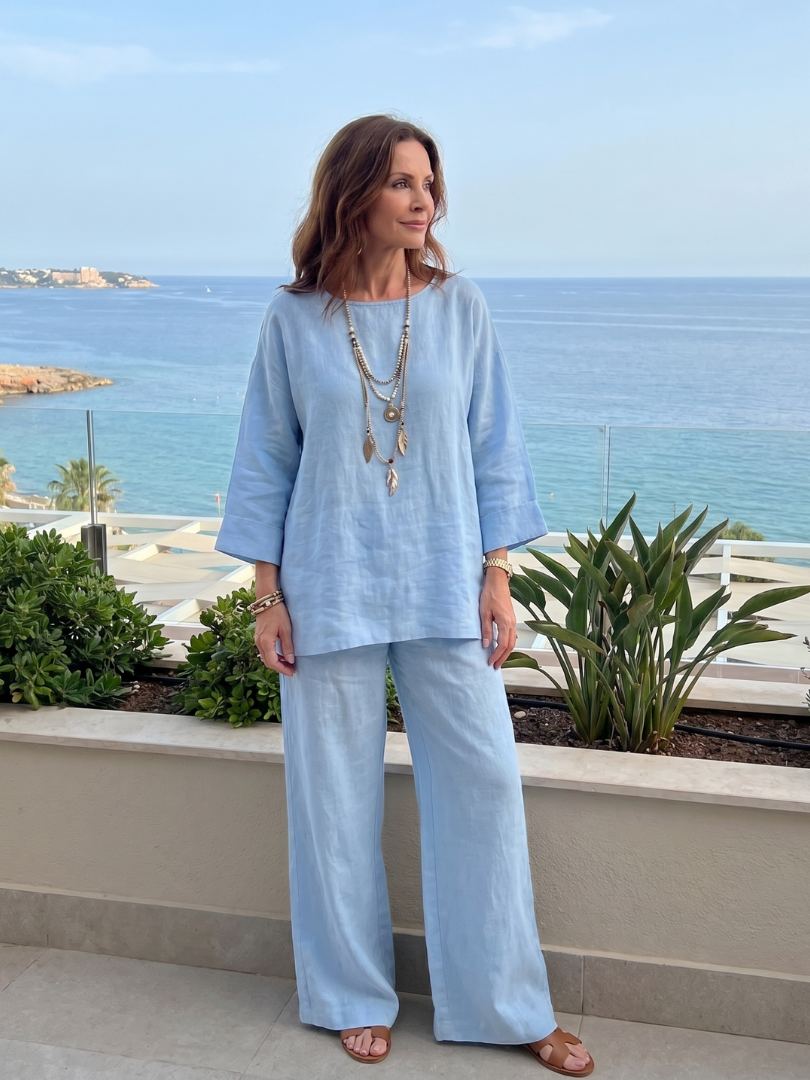 Round Neck Oversized Tunic and Wide Leg Pants Two Piece Set