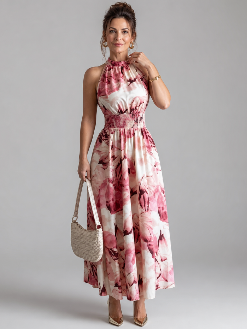 Abstract Print Halter Neck Smocked Waist Maxi Dress