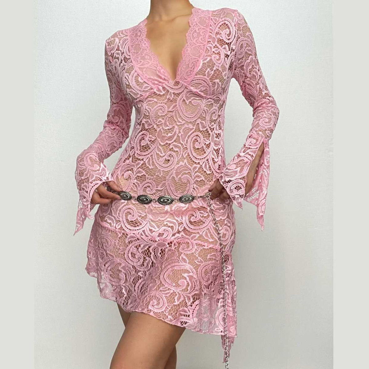 Sheer Lace V-Neck Flared Long Sleeve Asymmetric Hem Mini Dress 3
