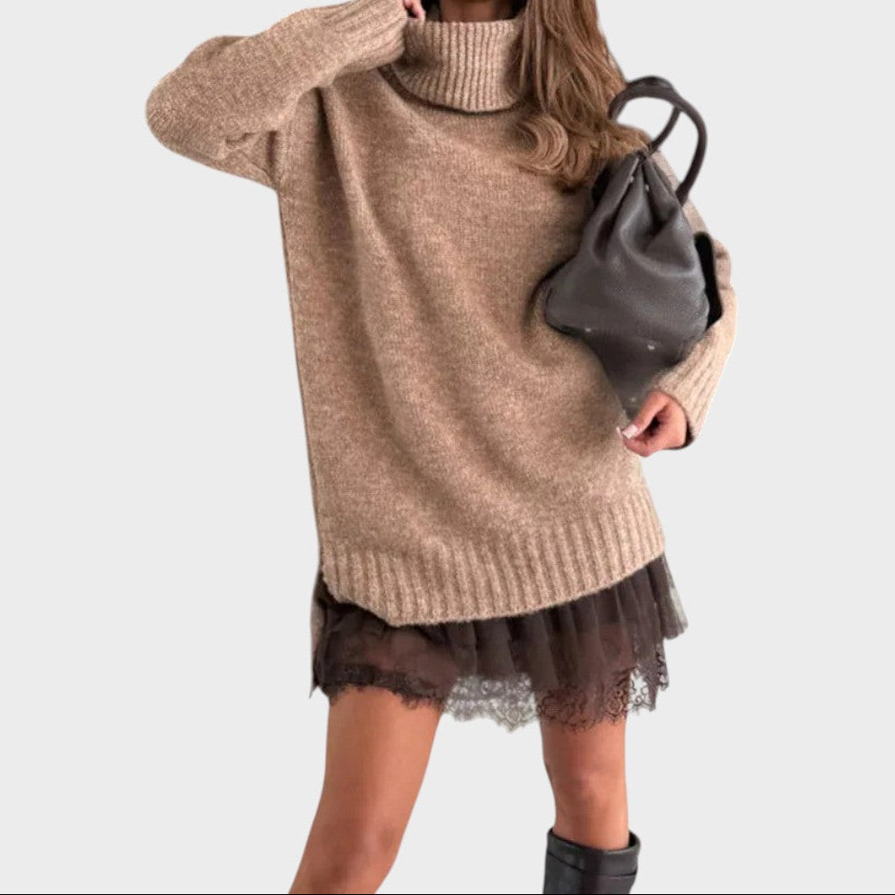 Turtleneck Oversized Sweater and Lace Slip Dress Two Piece Set