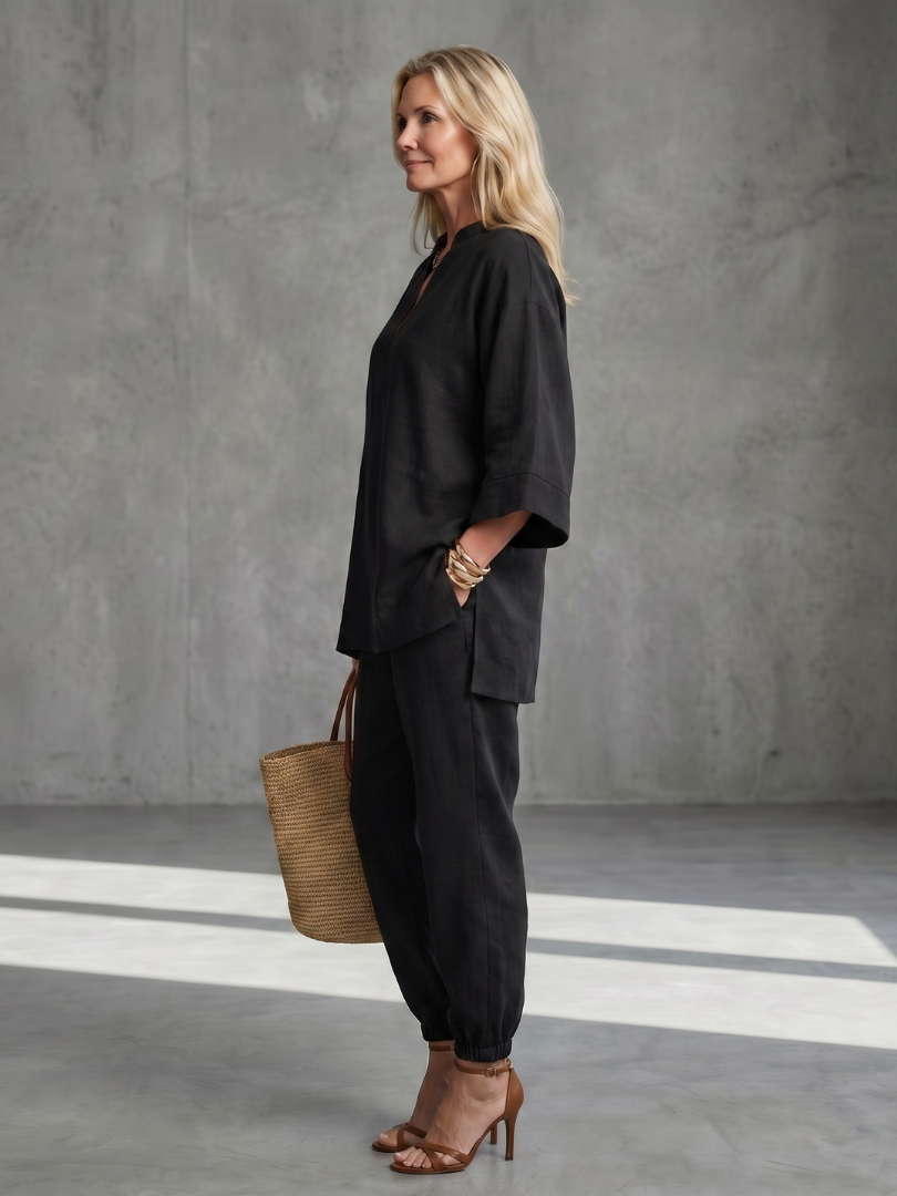 Notch V-Neck Tunic Top and Pants Two Piece Set