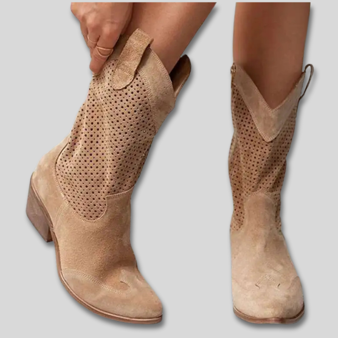 Perforated Suede Look Block Heel Western Mid Calf Boots