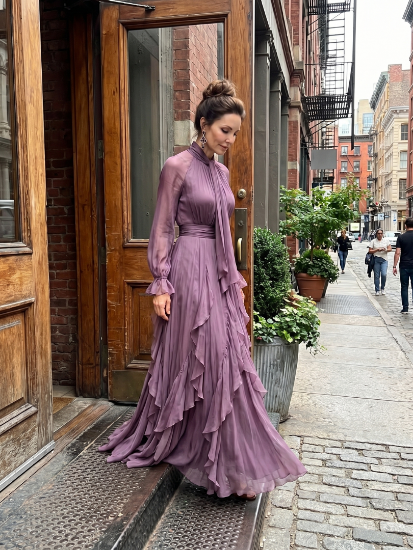 Tie Neck Long Sleeve Ruffle Tiered Chiffon Maxi Gown