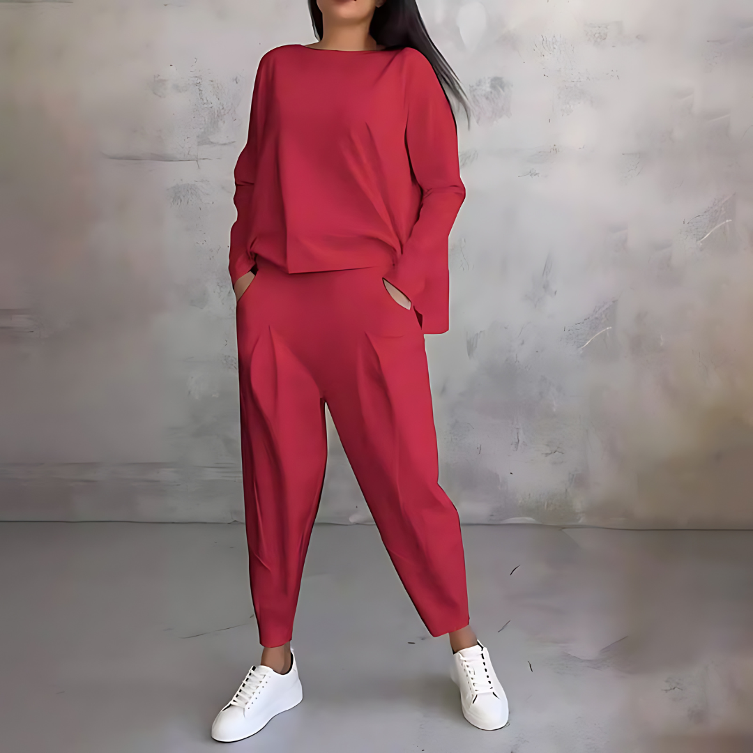 Boat Neck Long Sleeve Top and Tapered Pants Two Piece Set