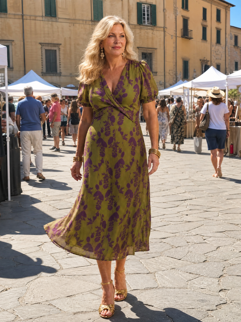 Floral V-Neck Puff Sleeve Wrap Midi Dress