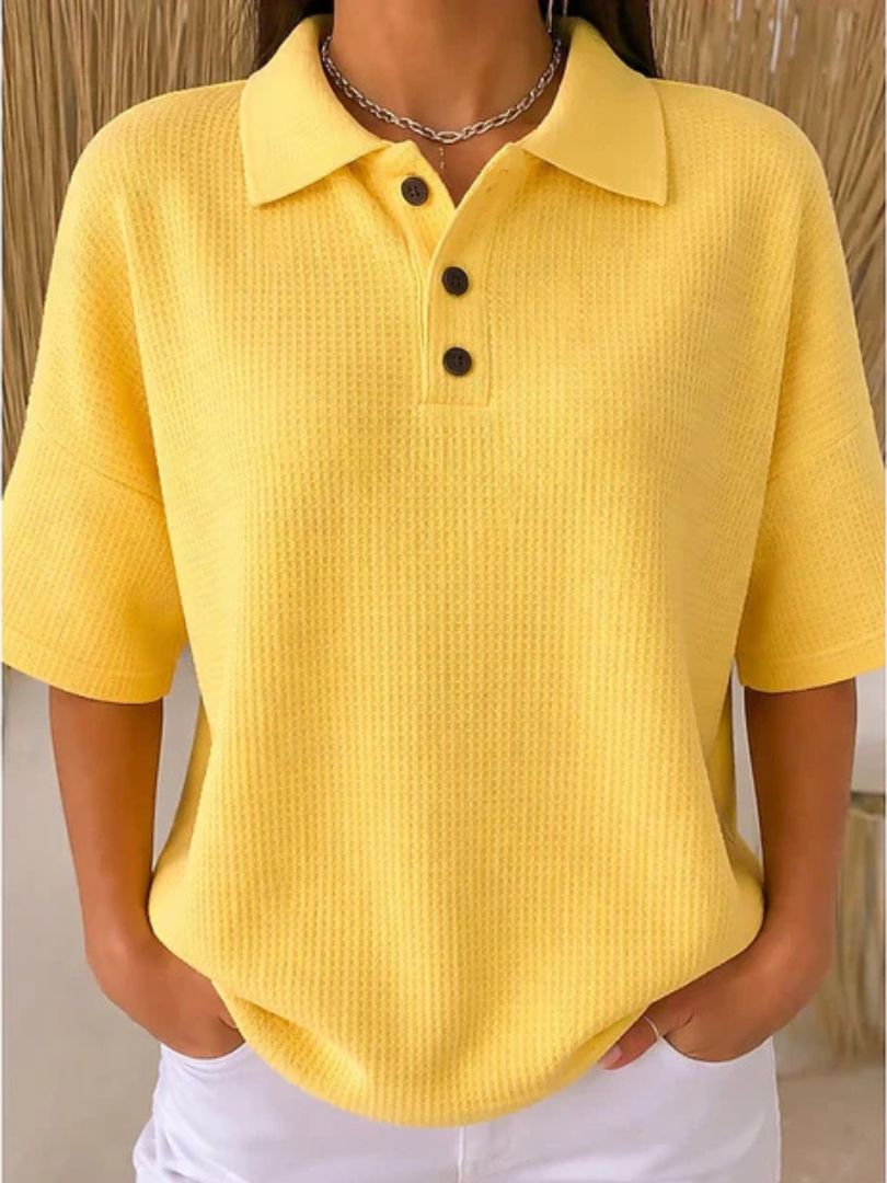 Waffle Knit Collared Short Sleeve Polo Top