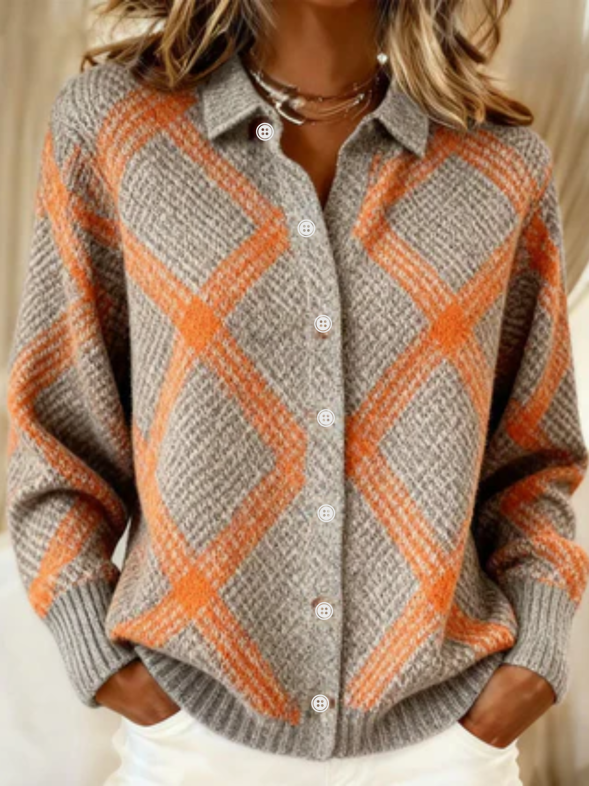 Diamond Plaid Collared Button Front Knit Cardigan