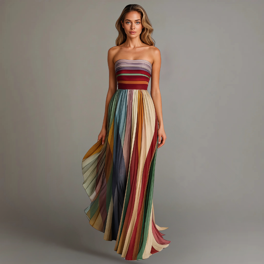 Striped Strapless Pleated Maxi Dress Party