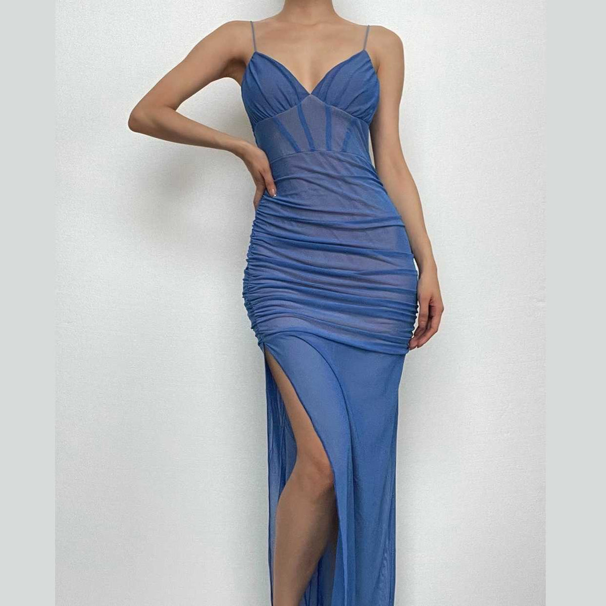 Mesh V-Neck Spaghetti Strap Ruched High Split Maxi Dress