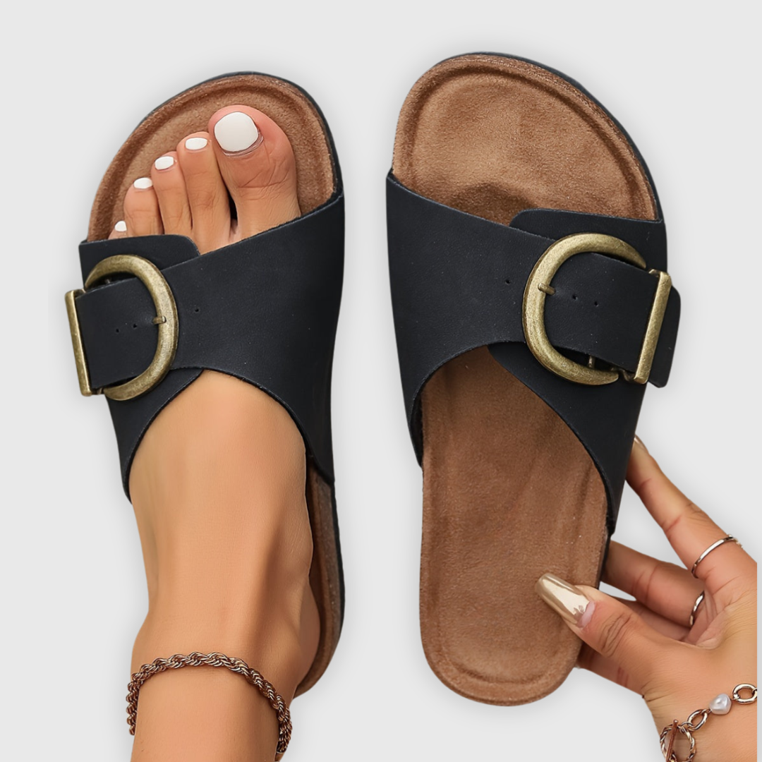 Double Buckle Cork Footbed Slide Sandals