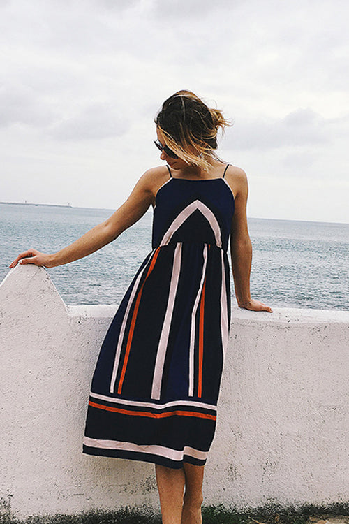 Spaghetti Stripe Midi Dress Navy Blue