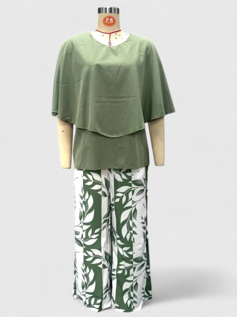 Layered Cape Overlay Top and Leaf Print Pants Two Piece Set