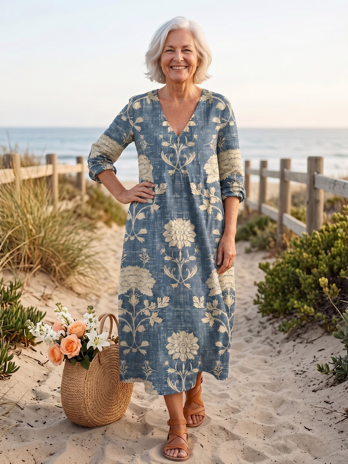 Floral Print V-Neck Long Sleeve A-Line Midi Dress